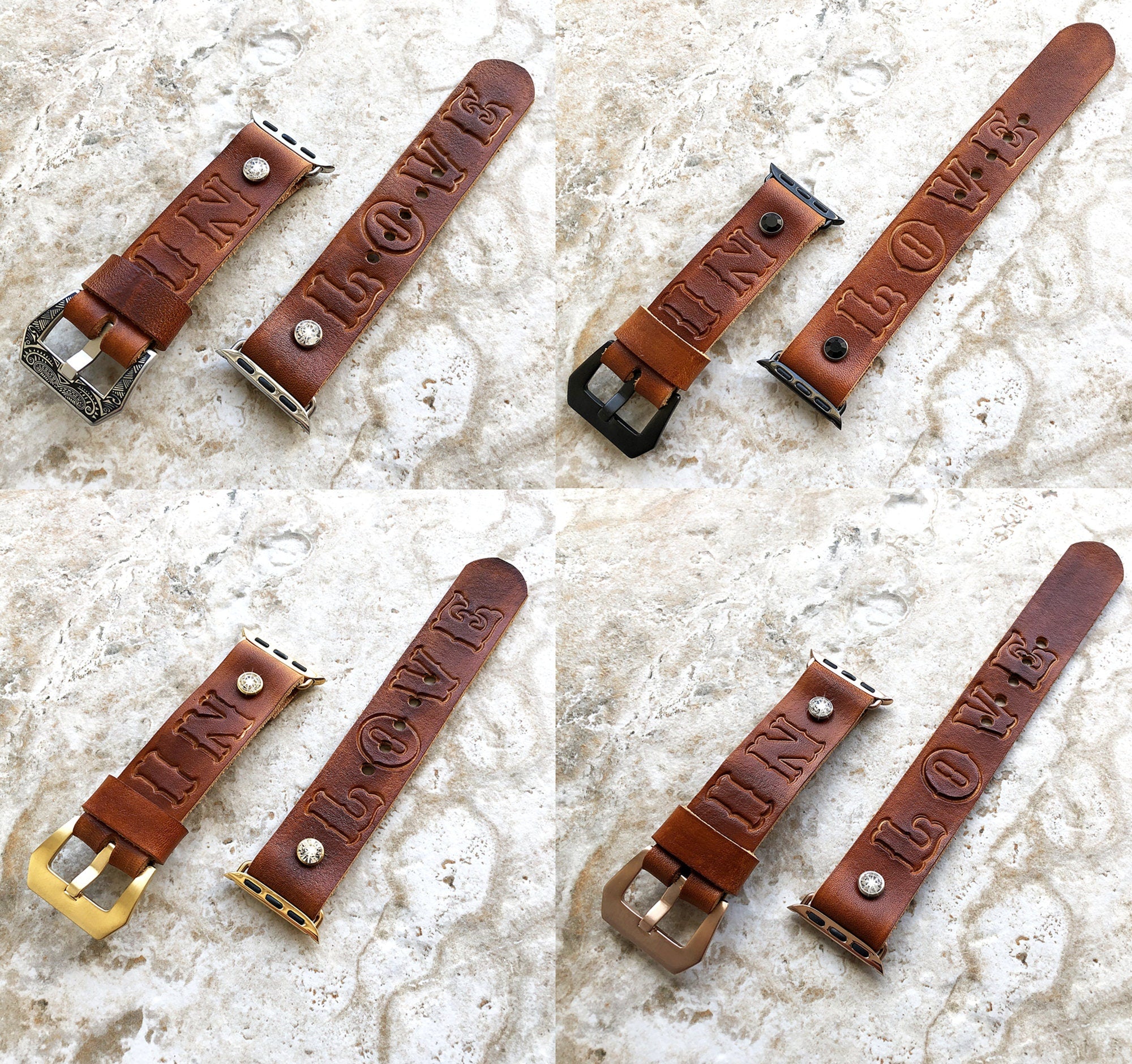 Apple Watch Band In Love with Crystals for iWatch Ultra 2 49mm and 9 8 Series 41mm 45mm Case Handmade Leather Embossed Bracelet Strap